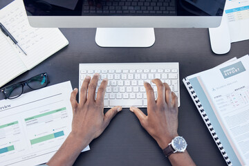 Hands, man and keyboard for typing in office, computer and finance report or online for budget....