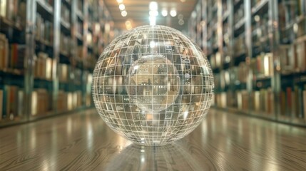 Beautiful reflective glass globe on library floor, conveying themes of global education and knowledge access, with warm wooden tones and shelf-lined background. - obrazy, fototapety, plakaty