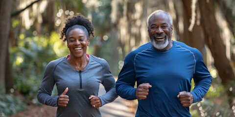 Joyful African American couple jogging together in nature, promoting fitness and healthy living, wearing sporty attire in vibrant colors.
