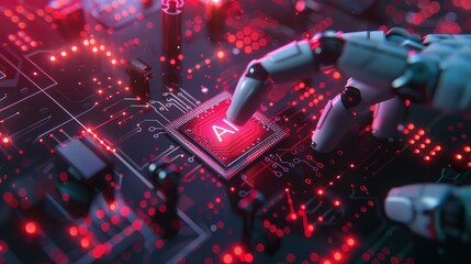Futuristic red and black artificial intelligence chip installation by robotic hand, symbolizing innovation and technology advancement in modern world. - obrazy, fototapety, plakaty