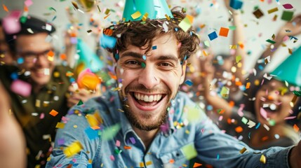 Joyful young man taking selfie with friends at vibrant birthday celebration, confetti flying, party hats and laughter in vibrant colors.