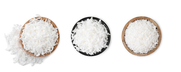 Shredded coconut in bowls isolated on white, top view - obrazy, fototapety, plakaty
