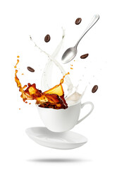 Coffee with milk splashing in cup and falling roasted beans on white background - obrazy, fototapety, plakaty