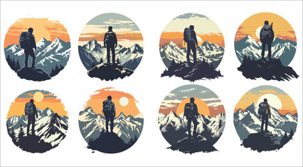 Silhouettes of people hiking in mountains, Hiking Circular Logo, Hiking icon, Silhouette of a man with a backpack in the mountains - obrazy, fototapety, plakaty