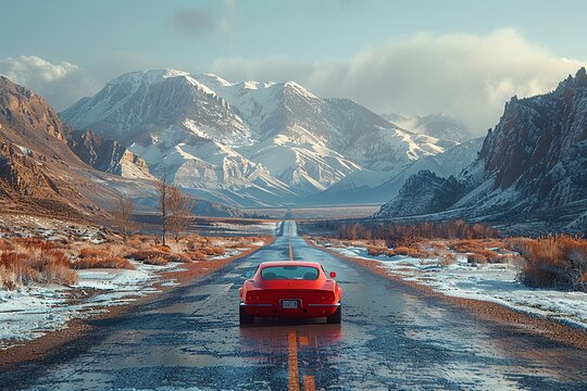 A red car navigates a snowy mountain road in the highlands