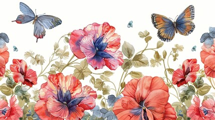 an enchanting t-shirt design showcasing meticulously crafted 3D watercolor sweet pea flowers and endearing butterflies, in a whimsical clipart cottagecore style against a pristine white background.
