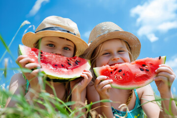 Cute Happy Summer Kids Eating Watermelon
