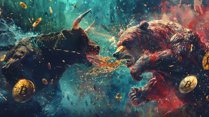 Bull and bear clashing amidst coins.