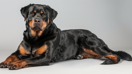 Obraz premium Glamorous Rottweiler Dog Resting on Plain Background, Left Side Reserved for Text