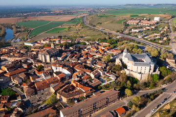 Aerial view of Spanish township of Simancas in province of Valladolid with Romanesque medieval...