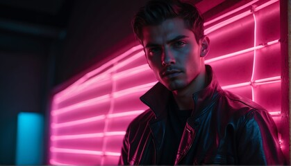 pink glowing neon lights on handsome guy in dark background from Generative AI