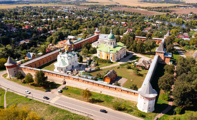 Drone view of the Kremlin in the city of Zaraysk, which is an ancient fortress with a...