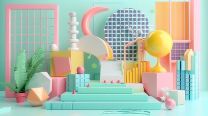 Create a 3D abstract rendering with a cute twist in Memphis style  AI generated illustration