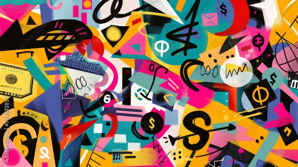 Fototapete create an abstract art piece depicting various ways to make money in a vibrant memphis design ai gen