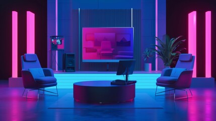 Create an abstract and modern 3D representation of a TV show podcast studio  AI generated illustration