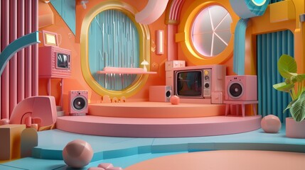 Create an abstract and whimsical 3D interpretation of a TV show podcast studio  AI generated illustration