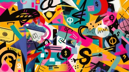 Create an abstract art piece depicting various ways to make money in a vibrant Memphis design  AI generated illustration
