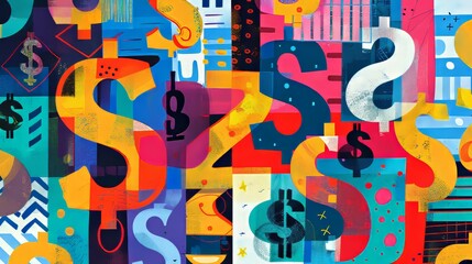 Create an abstract art piece featuring dollar signs in a colorful Memphis style  AI generated illustration