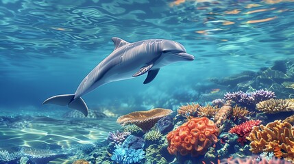 Graceful Dolphin in Crystal Clear Waters - Hyper-Realistic 2D Illustration with Copy Space for Text.