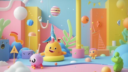 Cute and quirky characters in a 3D render of an abstract educational space  AI generated illustration