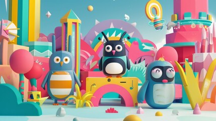 Cute animals and critters exploring a Memphis style  AI generated illustration