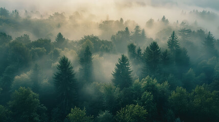Aerial view of a misty forest at dawn with trees emerging from behind the mist, creating a mystical and serene natural scene