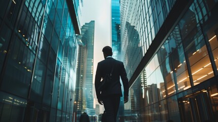 Fototapeta premium Businessman Walking in Modern Cityscape Corridor