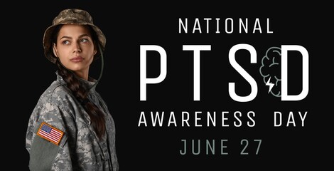 Female soldier on black background. Banner for National PTSD Awareness Day