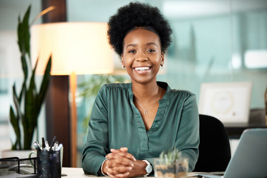 Fototapeta African woman, portrait and office with smile, proud and confidence for career goals. Creative writer, professional news editor and expert reporter for content creation, publishing and press startup