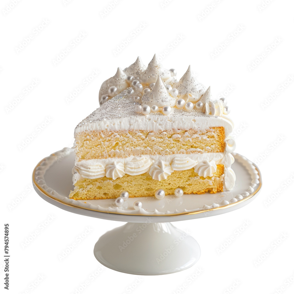 Poster a triangular slice of deliciously soft biscuit cake layered with fluffy white cream topped with peak