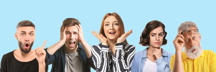 Group of emotional people on light blue background