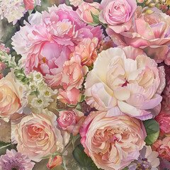 Detailed watercolor painting of a bouquet, Focus on roses and peonies in shades of pink and cream, Realistic texture of the watercolor paper visible