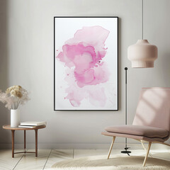 Abstract painting in pink watercolor, wide brush strokes and blurring create a minimalistic work of art, similar to a gallery