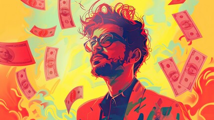 an illustration of a man making easy money, glow background
