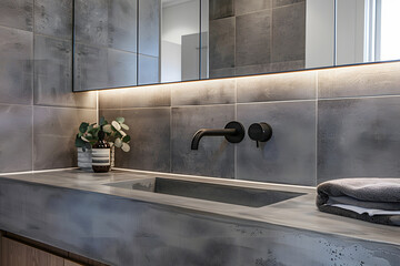 Contemporary modern bathroom interior in grey colors, concrete and marble elements.