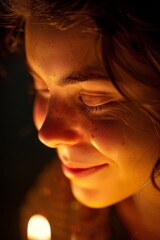 A woman's face illuminated by the soft glow of candlelight, revealing a gentle smile that speaks of inner peace and contentment. --ar 2:3 --style raw Job ID: c3d883f9-71d6-43d9-a942-9024db179e7d
