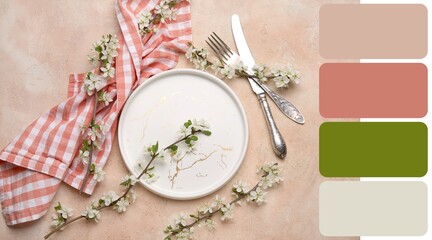 Beautiful table setting with blossoming branches on grunge background. Different color patterns