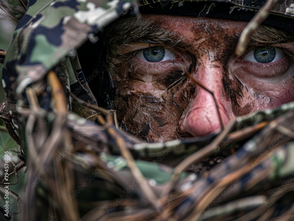 Wall mural Male soldier in camouflage gear, close-up of his alert eyes