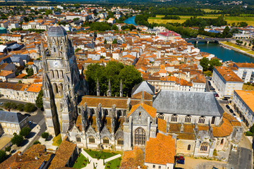 Aerial view of the city of Saintes and Saint Peters Basilica. France