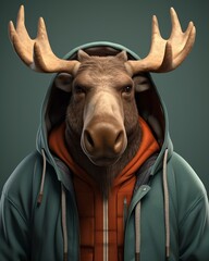 A realistic 3D render of a moose wearing a blue and orange hoodie.