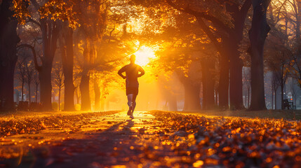 Beautiful park with a running man in the morning sunrise. - obrazy, fototapety, plakaty