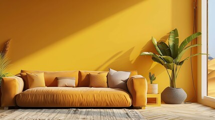 an interior wall in a living room in color of sunset yellow. The bottom part is covered with a desert panorama in color of saffran 