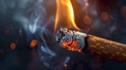 In a stunning close-up of a rapidly burning cigarette, its ash forming a glowing tip as the smoke rises in sinuous spirals. Cigarette in a fleeting moment.