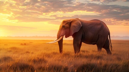 Fototapeta na wymiar Noble Elephant in Savanna Sunset - Lifelike 2D Illustration with Copy Space for Text.