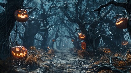 An eerie clearing in a haunted forest, where an array of pumpkins with malevolent grins illuminate the gnarled branches of lifeless trees. - obrazy, fototapety, plakaty