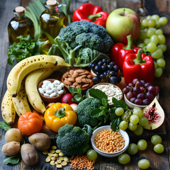 Variety of Fresh, Ripe and Healthy Foods Displayed on a Rustic Wooden Table