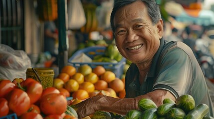 A market vendor, smiling and working in a vibrant open-air market environment with background of...