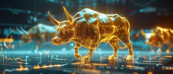 A golden bull depicted in a digital wireframe on a background of glowing trading graphs, symbolizing financial growth.