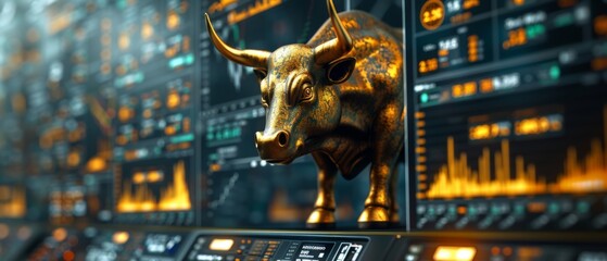 A majestic golden bull statue in front of financial trading charts, symbolizing market optimism.