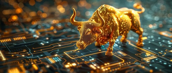 Golden bull statue on a glowing blue circuit board, merging finance and technology concepts.